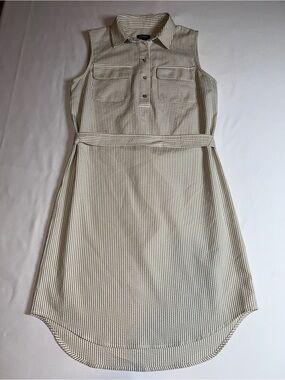 Jones New York Cream and Brown Striped Seersucker Belted Sleeveless Shirt Dress